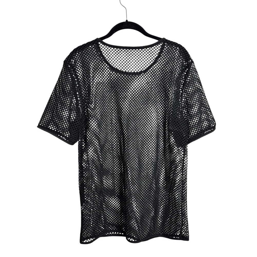 Mens Black Fishnet Mesh Short Sleeve T-Shirt Sheer Size M